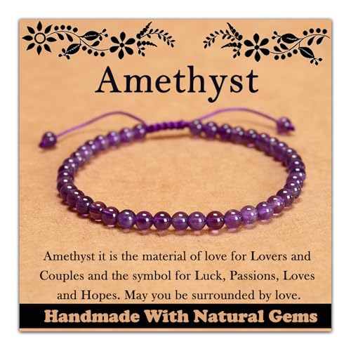 468Handmade Adjustable Natural Gemstone Crystal Bracelet Healing Power Energy Inspirational Gifts with Card for Unisex - color: 01-Amethyst(Love Guardian), size: 4mm