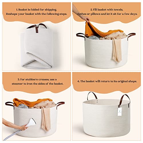Extra Large Nursery Storage Basket, 22 x 22 x 14 inches - 100% Cotton Rope Baskets with Handles, Laundry Basket for Toys, Blankets & Pillows - Off White with Leather Handles