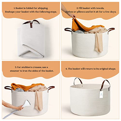 Extra Large Nursery Storage Basket, 22 x 22 x 14 inches - 100% Cotton Rope Baskets with Handles, Laundry Basket for Toys, Blankets & Pillows - Off White with Leather Handles