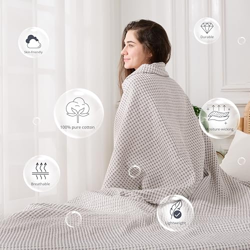 Lightweight Cotton Waffle Blanket Twin Size, Modern Two-Tone Check Pattern, Soft & Breathable for Bed, Couch, Sofa, All Seasons –Gray/White, 60"x80" - color: Gray/White, size: Twin