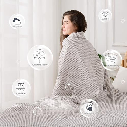 Lightweight Cotton Waffle Blanket Twin Size, Modern Two-Tone Check Pattern, Soft & Breathable for Bed, Couch, Sofa, All Seasons –Gray/White, 60"x80" - color: Gray/White, size: Twin