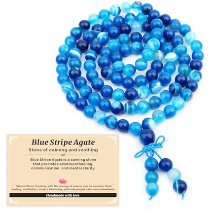 AD Beads 6mm 8mm 108 Prayer Mala Jasper Elastic Bracelet - Handmade Yoga Meditation Healing Power Energy Gifts for Unisex Adult. - color: Blue Stripe Agate(Soothing)