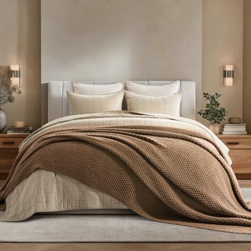 EVERGRACEHOME Chunky Chenille Knit Throw Blanket for Couch, Soft Luxurious Oversized King Moss Stitch Blanket for Bed, Large Cozy Farmhouse Knitted Throw for Sofa, Camel Brown, 92" x 108" - color: Camel Brown, size: 108" X 92"