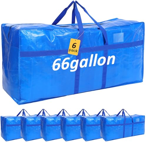 6 Pcs 66 Gallon Extra Large Moving Bags Heavy Duty Storage Bag with Strong Zipper Handle Foldable XXL Jumbo Storage Tote Packing Moving Box for College Dorm Travel Cloth Duffle (Blue) - color: Blue, size: 66 Gallon