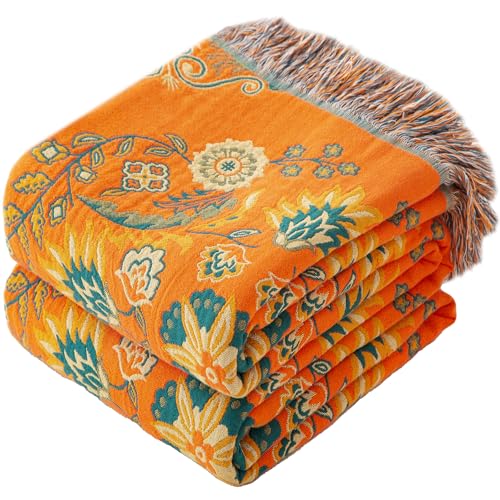 Phuryllic Boho Throw Blanket Twin Size, Soft Cozy Cotton Muslin Quilt Blanket for Bed Decor, Floral Patterned Couch Sofa Chair Cover, Vintage Farmhouse Cottage Tapestry Woven Blanket, Orange&Green - color: Blooming Words, size: 60" x 80"