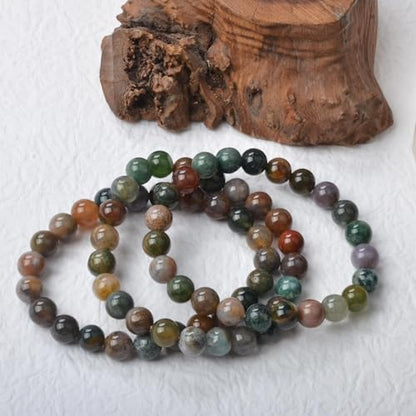 Natural Stone Beaded Bracelets for Women Men - 8MM Semi-Precious Stones Bracelets Adjustable Crystal Beads Stretch Bracelet - color: Indian Agate