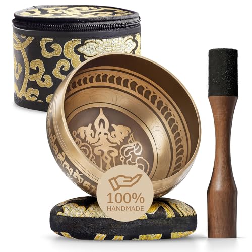 Silent Mind Tibetan Singing Bowl Set – Easy to Play & Beginner Friendly Meditation Bowl with Cushion, Mallet & Case | Stress Relief & Mindfulness | Gift-Ready - color: Gold, size: With Case