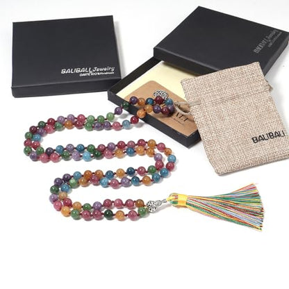 108 Mala Beads Necklace Semi-Precious Gem Stones Meditation Necklace 108 Hand Knotted Japa Mala Beaded Tassel Necklace with Tree of Life Pendant - color: Tourmaline