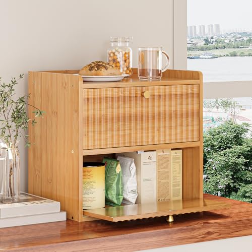 Trironsun Rustic Bread Box for Kitchen Countertop Bamboo Bread Storage Container Bin Double Layer BreadBox Farmhouse Large Capacity Food Organizer (Natural Bamboo) - color: Natural Bamboo