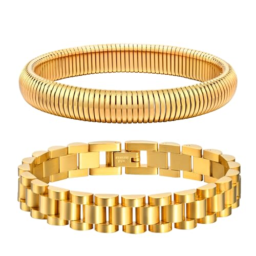MPRAINBOW 2pcs 18K Gold Plated Chain Link Bracelet, Stainless Steel Crystal Friendship Bracelets Bangle,Watch Band Chains Wristband Jewelry with Adjust Tool - color: Gold Set - M