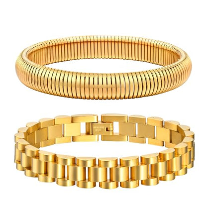 MPRAINBOW 2pcs 18K Gold Plated Chain Link Bracelet, Stainless Steel Crystal Friendship Bracelets Bangle,Watch Band Chains Wristband Jewelry with Adjust Tool - color: Gold Set - M