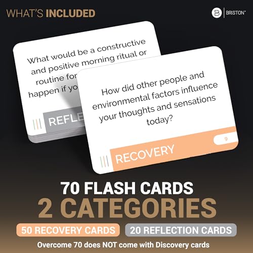 Briston Overcome Addiction Recovery Flash Cards – 70 Therapy Question Cards for Group Counseling & Mental Health – Reflection Prompts for Sobriety, Relapse Prevention, Substance Abuse Recovery Support