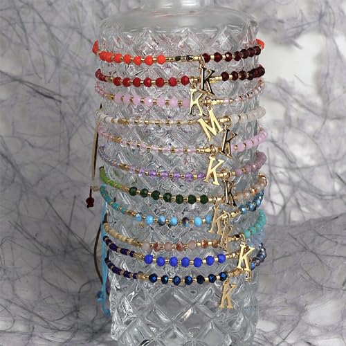 Pink Gold Beaded Natural Stone Initial Bracelets for Women Teen, Boho Handmade Personalized Gemstone Beads Letter Name Braided Rope Adjustable Bracelet Beach Bohemian Jewelry Gift - color: D