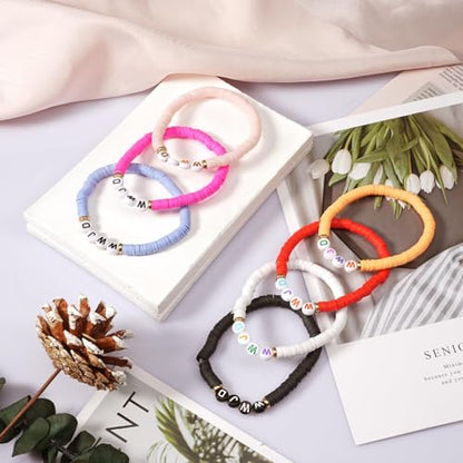 Yowivon Colorful Friendship Bracelets Set Preppy Flower Heart Star Evil Eye Beaded Pearl Clay Bead Bracelets - style: WWJD