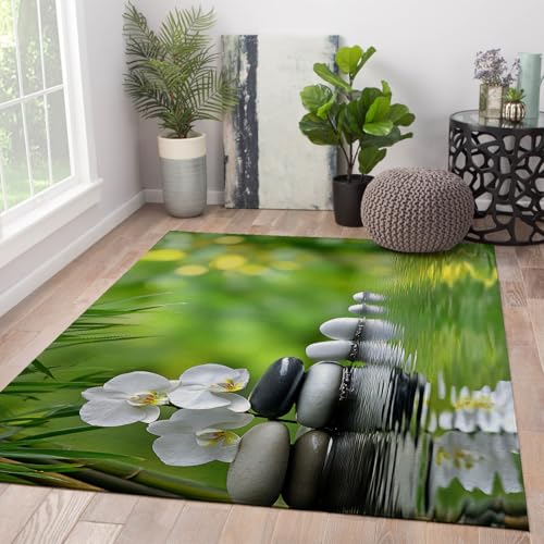 Washable Non Slip 6' x 9' Area Rug Peaceful Natural Scenery Spa Carpet Oriental Flowers Stone Design Rugs for Meditation Room Decor - size: 6' x 9' (Rectangular)