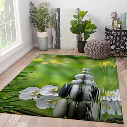 Washable Non Slip 4'x5' Area Rug Peaceful Natural Scenery Spa Carpet Oriental Flowers Stone Design Rugs for Meditation Room Decor - size: 4' x 5' (Rectangular)