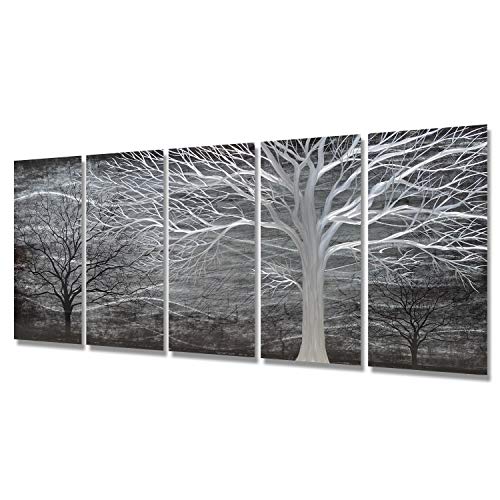BATRENDY ARTS Black and Silver Tree Metal Art Hand-polished Wall Decor 3D Modern Home Accent for Bedroom Decoration 5 Panels Hanging Scuplture