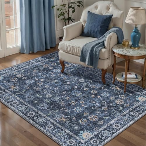 Tangsoo 3x4 Washable Rugs for Entryway Non Slip,Boho Distressed Vintage Blue Floral Throw Rugs Entry Rug for Bedroom, Soft Low Pile Floor Carpet Indoor Mat for Entrance Bedside Kitchen Nursery Office - color: Distressed Blue Black, size: 3' X 4' (Rectangu
