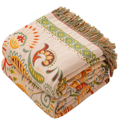 Phuryllic Boho Throw Blanket Twin Size, Soft Cozy Cotton Muslin Quilt Blanket for Bed Decor, Floral Patterned Couch Sofa Chair Cover, Vintage Farmhouse Cottage Tapestry Woven Blanket, Coral&Green - color: Floral Reverie, size: 60" x 80"