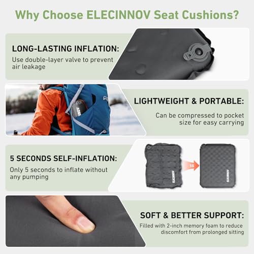 Inflatable Seat Cushion, Self Inflating Memory Foam Stadium Seat Cushion Lightweight Camping Chair Pad Airplane Cushion for Long Flights Outdoor Travel Bleacher Office Car Backpacking (Grey) - color: Gray-1pack