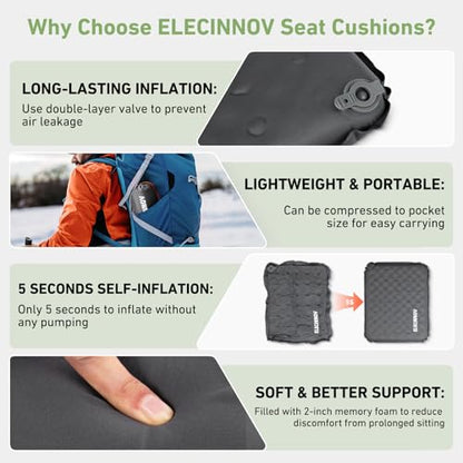 Inflatable Seat Cushion, Self Inflating Memory Foam Stadium Seat Cushion Lightweight Camping Chair Pad Airplane Cushion for Long Flights Outdoor Travel Bleacher Office Car Backpacking (Grey) - color: Gray-1pack