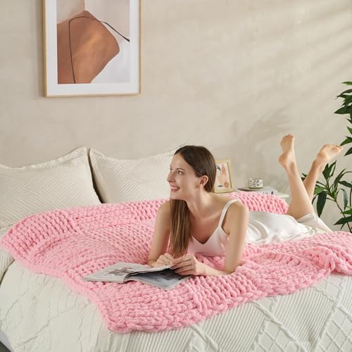 Chunky Knit Blanket Throw 50x60 Inches,Handmade Cable Knit Crochet Blanket,Cozy Lightweight All Season,Wrinkle-Resistant Polyester for Couch Bed Sofa Reading Nook, Beige,Pink - color: Pink