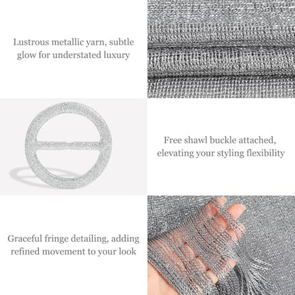 Sumolux Shawls Wraps for Evening Dresses Metallic Glitter Shawls Scarf for Women Sparkling Wedding with Free Buckle - color: Dark Grey With Silver Threads