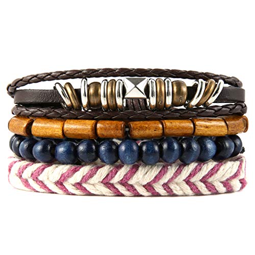 HZMAN Wrap Bracelets Men Women, Hemp Cords Wood Beads Ethnic Tribal Bracelets, Leather Wristbands - style: Hand-made 4 MIX