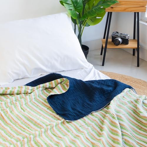 Salt Earth 100% Cotton Muslin Throw Blanket, Gauze Blanket 50"X60" Throw 6 Layered for Couch, Bed, Living Room, Home,Lightweight & All Season Blankets & Throws, Skin Friendly (Dress Blue/Print) - color: Dress Blue/ Print, size: 50"X60" Throw