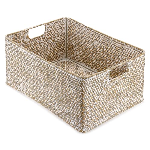 Hipiwe Seagrass Storage Basket Bin Rectangular Handwoven Wicker Storage Box with Handle Opened Baskets Box for Shelf Organizing Closet Bathroom, 15.7" L x 11.8" W x 7.5" H