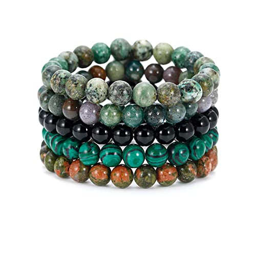 BOMAIL 5PCS Semi-Precious Gemstone Bracelet - Healing Crystal Stone Beaded Bracelets for Women Men 8mm Round Beaded Stretch Bracelets Unisex Yoga Bracelets - color: D