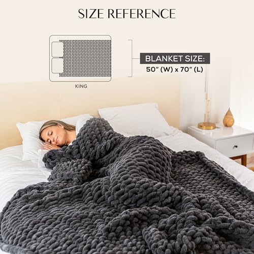 SAMIAH LUXE Chunky Knit Throw Blanket 50x70, Graphite Gray Chenille Throw Blanket for Couch Bed Sofa, Soft Fluffy Cable Knit Blanket, Oeko-TEX Certified, Machine Washable