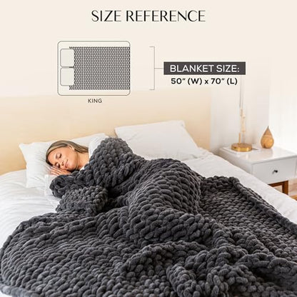 SAMIAH LUXE Chunky Knit Throw Blanket 50x70, Graphite Gray Chenille Throw Blanket for Couch Bed Sofa, Soft Fluffy Cable Knit Blanket, Oeko-TEX Certified, Machine Washable