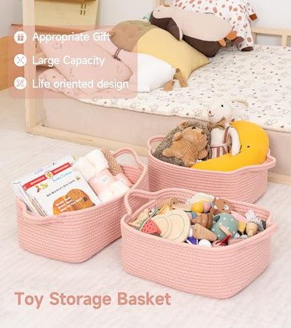CLHMILY&Z Small Cube Storage Baskets, Decorative Woven Cotton Rope Baskets with Handles for Organizing, Shelf, Closet, Nursery, Bathroom, Toy Organizer Bins (1, Pink, 11.4 x 7.5 x 4.7)