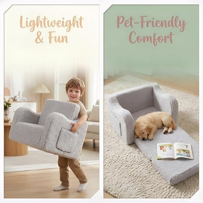 MOMCAYWEX Kids Sofa, 2-in-1 Flip-Out Foam Couch with Soft Sherpa Cover, Cozy Play Lounge Chair, Grey - color: Grey, size: Medium