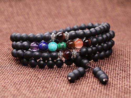 COAI 108 Japa Mala 7 Chakra Stone Wrap Bracelet Necklace - style: Matte Onyx