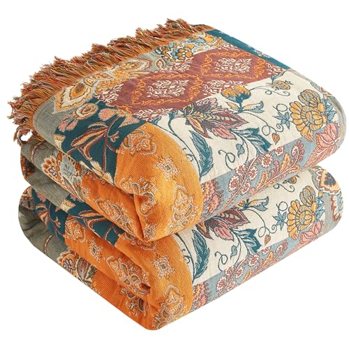 Boho Throw Blanket for Bed 80”x90”, 100% Cotton Woven Blanket for Couch Sofa, Ultra Soft 4-Layer Muslin Quilt with Patchwork Floral Printed, Farmhouse Bed Blanket/Cover for Living Room Decor - color: B - Patchwork, size: 80“ X 90”