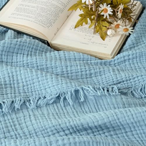 Esterra Muslin Throw Blanket 50x65 Inches Cozy Soft Lightweight Pre-Washed Cotton Blanket, All Season Breathable 4-Layer Gauze Blanket Throw for Sofa Couch Bed, Sky Blue - color: 09 - Sky Blue, size: Throw (50"x65")