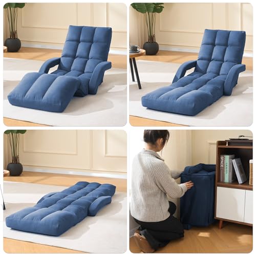 Adjustable Floor Gaming Chair for Adults with Armrests & Adjustable Footrest, 14-Position Folding Chaise Lounge Sofa for Living Room, Bedroom, Balcony (Blue) - color: Blue