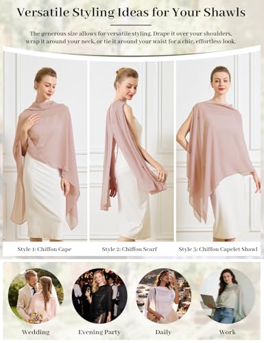 Chiffon Cape Shawl Wrap Scarf 3 Ways to Wear Elegant Sheer Capelet for Evening Dresses Weddings Parties - color: Blush Pink