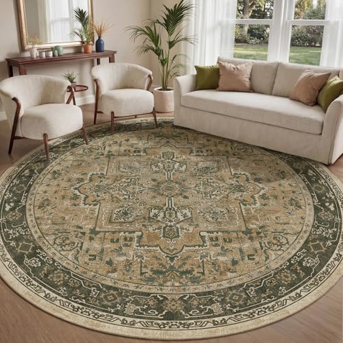 Large Round Area Rugs for Living Room 8ft, Vintage Medallion Big Round Carpet 8 Feet Family Room, Washable Non Slip Thin 8' Circle Rugs for Dining Room, 8x8 Round Floor Carpet Décor Brown Olive - color: Medallion-brown/Olive, size: 8' (Round)