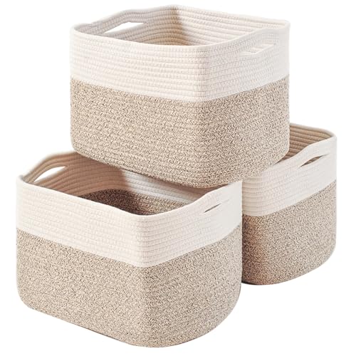 ICERZCZ Storage Baskets for Organizing, Woven Cotton Rope Basket for Storage Books, Baby Organizing Baskets, Toy Storage Basket, 15"x11"x9.5", 3 Packs, Off White & Brown - color: Off White & Brown, size: 15"(l)×11"(w)×9.5"(h)