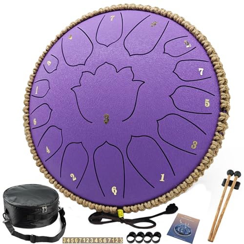 BETESINE 13-Inch 15-Note Steel Tongue Drum in C Major, Beginner-Friendly Meditation Drum with Mallets, Music Book, Finger Picks, Carry Bag & Note Stickers, Violet - color: Violet