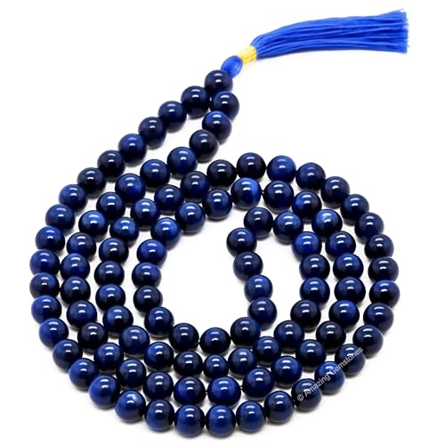 Amazing Gemstone Japa Mala 108 Prayer Beads Necklace and Wrist Mala Bracelet for Meditation - color: Blue Tiger Cats Eye, size: Without Knots