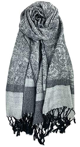 Plum Feathers Two Tone Vintage Paisley Pattern Pashmina Scarf - color: Black-silver
