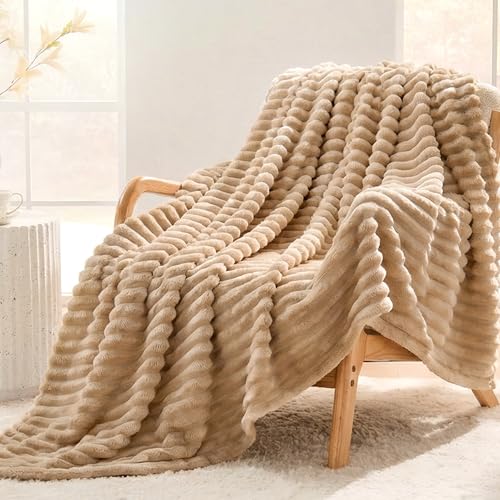 Light Camel Striped Twin Size Blanket, 330GSM Soft Plush Fleece Blanket for Couch Sofa Bed, Decorative Cozy Giftable Home Blanket, 60x80 Inches - color: Light Camel, size: Twin(60"x80")