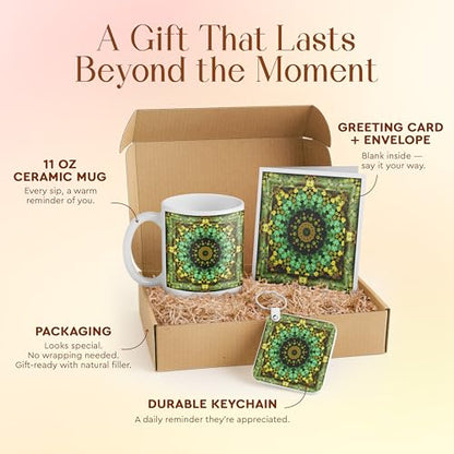 3dRose Yoga Lovers Meditation Gift Set - Mug, Keychain, Card with Colorful Floral Mandala Pattern - Perfect Birthday Present for Yoga Enthusiasts