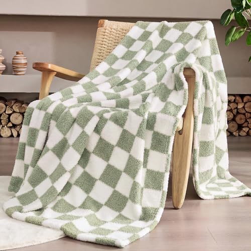 Sage Green Checkered Twin Size Blanket, Soft Plush Microfiber Fleece Blanket for Couch Sofa Bed, Cozy Decorative Home Blanket, All Season, 60x80 Inches - color: Sage Green, size: Twin(60"x80")
