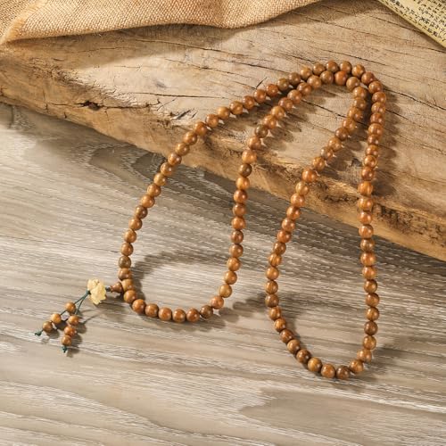 Natural Green Sandalwood 108 Mala Bead Necklace Buddhist Prayer Beads for Meditation or Yoga - style: Handcarved Lotus