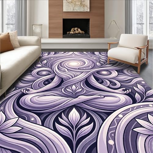 Low Pile Flatwoven Area Rug 5x7, Tranquil Mindfulness Circle Featuring Peaceful Designs, Machine Washable, Stain Resistant Indoor Rug for Living Room, Bedroom, Non Slip(Purple, 5x7) - color: Purple/Pattern 8, size: 5' x 7' (Rectangular)